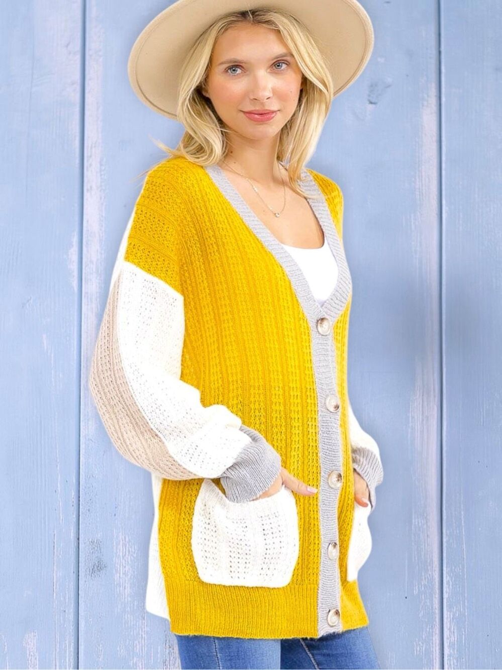 BiBi Mustard Color Block Button Cardigan Sweater | Oversized Cozy Knit | Pockets - Picture 6 of 14